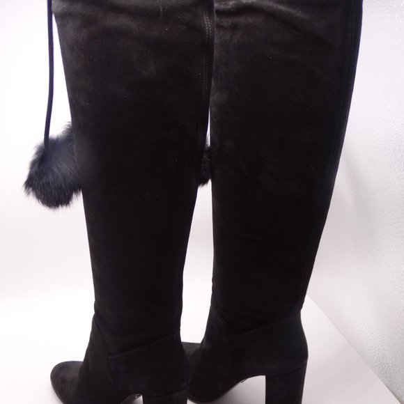 MICHAEL KORS MK Remi Suede Rabbit Fur Pom Pom Block Heel New In Box Size 8 - Picture 4 of 6